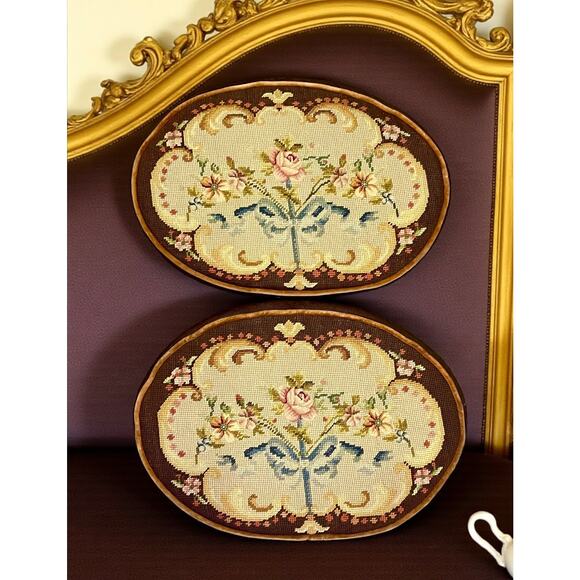 Set of 2 Vintage Petit Point Floral Pillows-Oval-Brown Velvet Backs-Needlepoint - Picture 1 of 8
